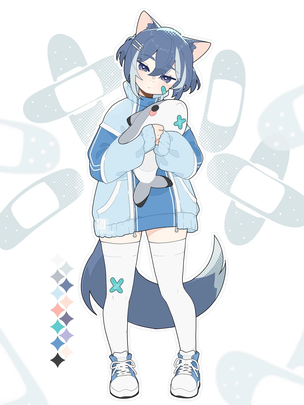 1boy, animal_ears, bandaid, bandaid_on_face, bandaid_on_leg, blue_eyes, blue_hair, cat_ears