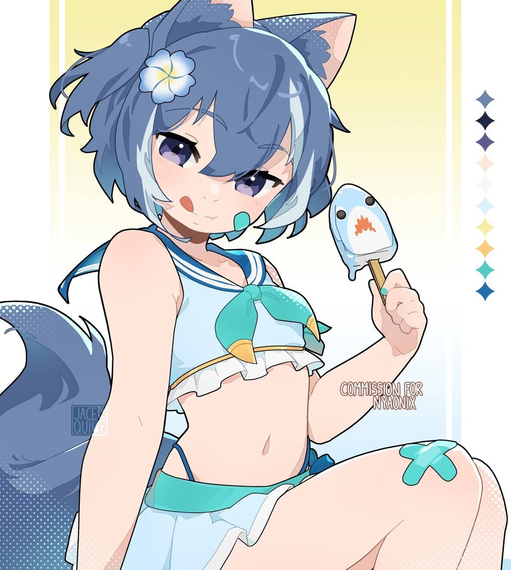 1boy, animal_ears, bandaid, bandaid_on_face, bandaid_on_leg, blue_eyes, blue_hair, cat_boy, cat_ears, flower, food, hair_flower, hair_ornament, holding, holding_food, holding_popsicle, indie_virtual_youtuber, jacequilart, midriff, nyaonix, popsicle, sailor_collar, short_twintails, swimsuit, trap, twintails, utau, virtual_youtuber, water_gun