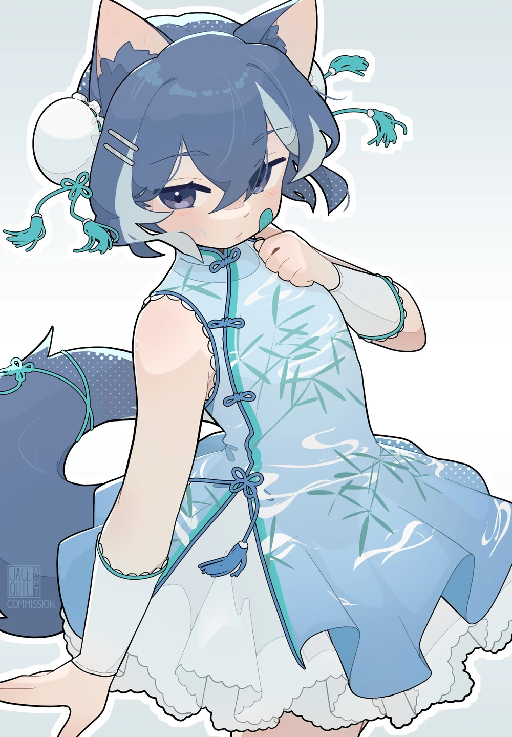 1boy, animal_ears, bandaid, bandaid_on_face, blue_dress, blue_eyes, blue_hair, cat_ears, china_dress, chinese_clothes, double_bun, dress, frog_button, hair_bun, highres, indie_virtual_youtuber, jacequilart, lolita_fashion, mandarin_collar, nyaonix, qi_lolita, trap, utau, virtual_youtuber