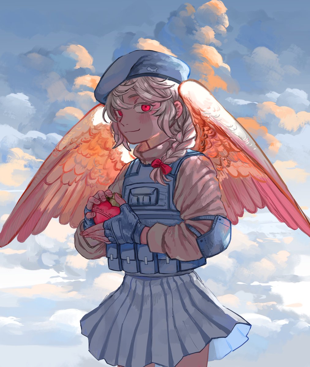 1girl, angel_wings, blue_gloves, blue_hat, blue_skirt, bow, braid, bulletproof_vest