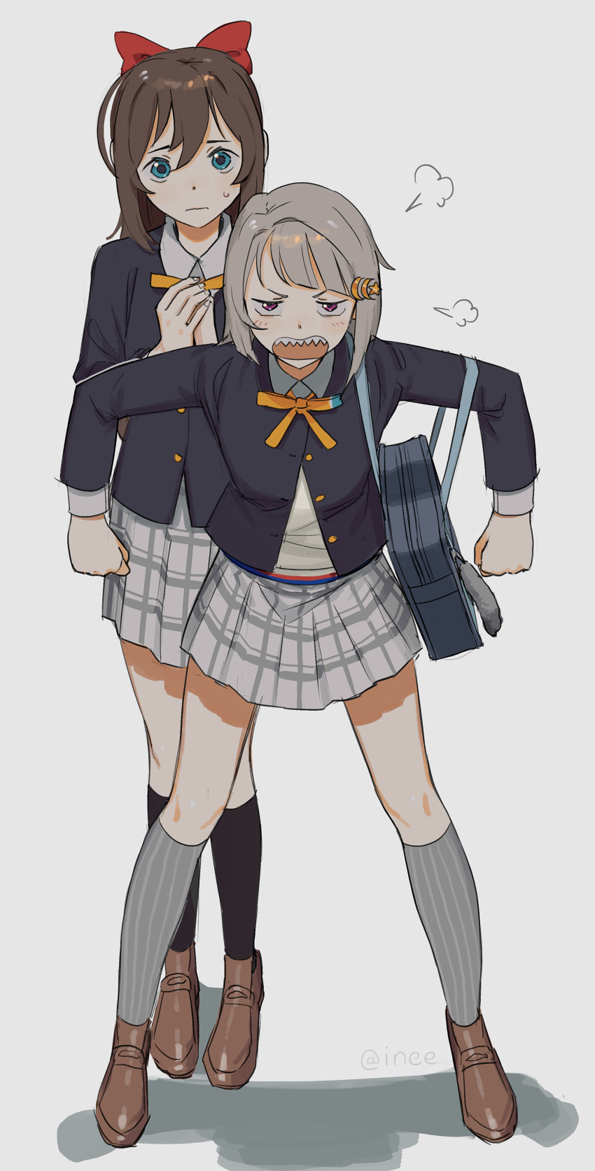 2girls, absurdres, angry, artist_name, blue_eyes, bow, brown_hair, grey_hair, hair_ornament, highres, ineesan, long_hair, long_sleeves, looking_at_viewer, love_live!, love_live!_nijigasaki_high_school_idol_club, multiple_girls, nakasu_kasumi, open_mouth, osaka_shizuku, pixiv_username, purple_eyes, school_uniform, short_hair, simple_background, skirt, yuri