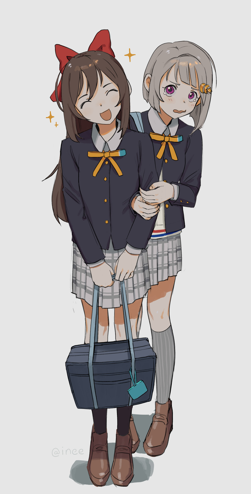 2girls, ^_^, absurdres, bag, bow, brown_hair, closed_eyes, copyright_request, grey_hair, hair_bow, hair_ornament, half_updo, highres, holding, holding_another's_arm, holding_bag, ineesan, love_live!, love_live!_nijigasaki_high_school_idol_club, multiple_girls, nakasu_kasumi, nervous, osaka_shizuku, purple_eyes, red_bow, ribbon, school_uniform, simple_background, sparkle, tearing_up, yellow_ribbon, yuri
