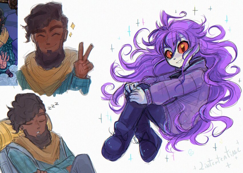 1boy, 1girl, ahoge, badeline, blue_coat, celeste_(game), closed_mouth, coat