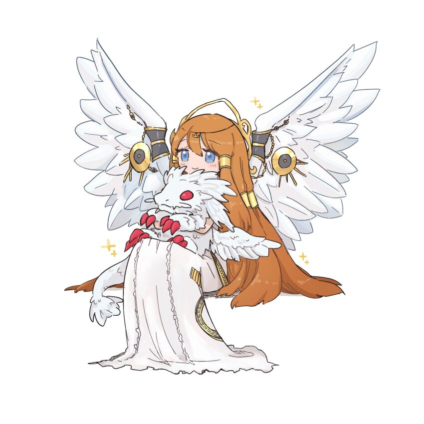 1girl, blue_eyes, brown_hair, chibi, dress, duel_monster, ei_(tdnei666), feathered_wings