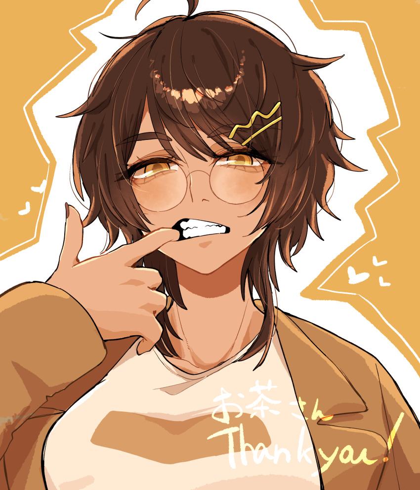 1girl, absurdres, ahoge, breasts, brown_hair, brown_jacket, brown_nails, collarbone, commission, commissioner_name, dark-skinned_female, dark_skin, english_text, glasses, hair_ornament, hairclip, heart, highres, jacket, koucha_(pankeki_koucha), looking_at_viewer, medium_breasts, messy_hair, open_clothes, open_jacket, original, print_shirt, round_eyewear, shirt, short_hair, solo, teeth, thank_you, tomboy, upper_body, white_shirt, yellow_background, yellow_eyes