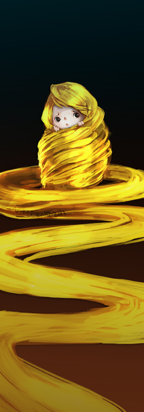 1girl, absurdly_long_hair, aged_down, blonde_hair, child, disney, female_focus, frown, green_eyes, long_hair, long_image, nokomento, rapunzel_(disney), rapunzel_(fairy_tale), rapunzel_(fairy_tale_character), solo, tall_image, tangled, very_long_hair