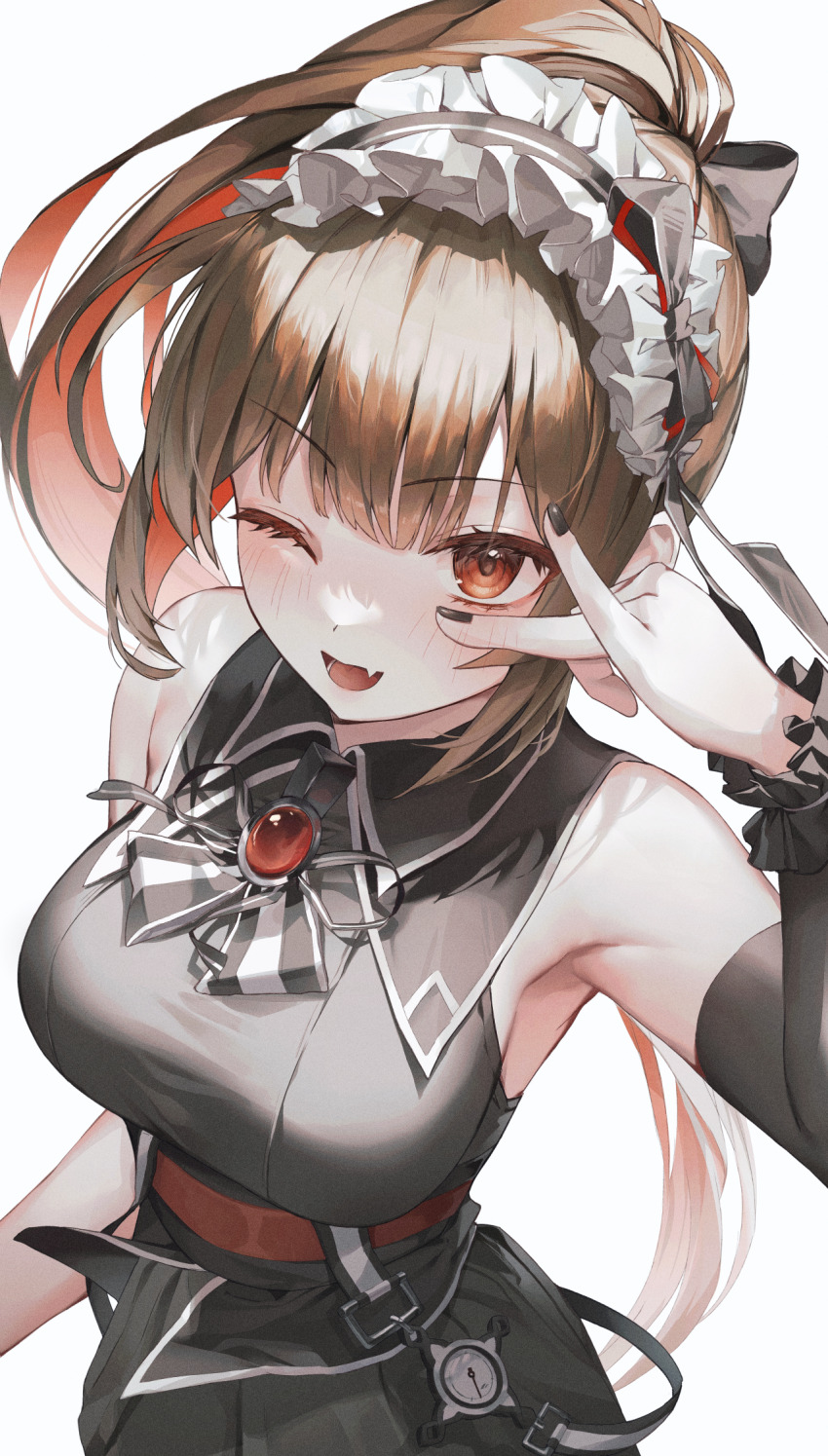 1girl, ;d, arm_up, armpits, bare_shoulders, black_nails, black_shirt, black_skirt