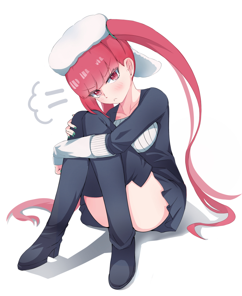 >:(, 1girl, absurdres, akaruii_31, black_boots, black_dress, bleach, blunt_bangs, blush, boots, collarbone, commentary, convenient_leg, dokugamine_riruka, dress, english_commentary, frown, full_body, green_nails, hat, highres, hugging_own_legs, leaning_forward, long_hair, looking_at_viewer, nail_polish, pout, puff_of_air, red_eyes, red_hair, short_dress, simple_background, sitting, sleeves_past_wrists, solo, thigh_boots, tsurime, twintails, v-shaped_eyebrows, very_long_hair, white_background, white_hat