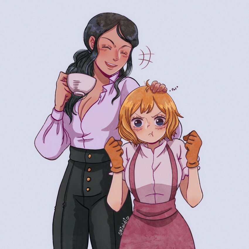 +++, 2girls, ^_^, artist_name, black_hair, black_pants, blonde_hair, brown_gloves