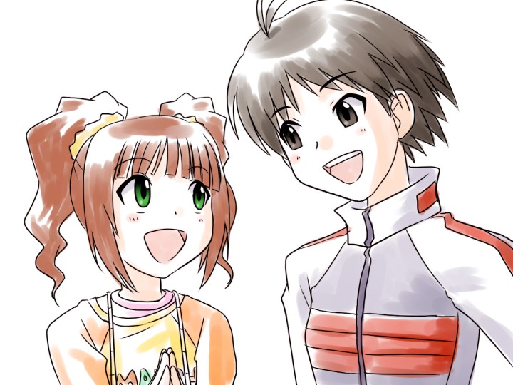 2girls, :d, antenna_hair, black_hair, blunt_bangs, blush, breasts, brown_eyes