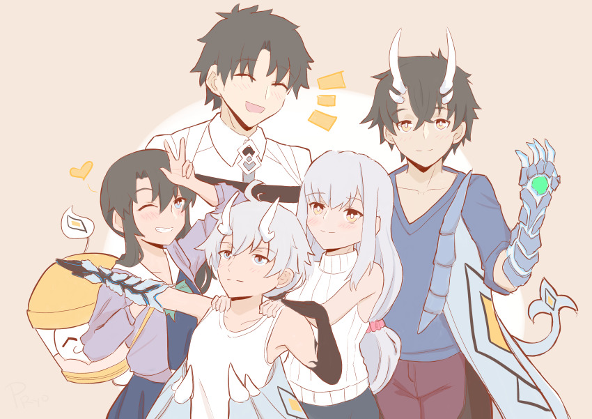 absurdres, backpack, bag, black_hair, blue_eyes, blue_scales, blue_shirt, blue_skirt, brother_and_sister, brothers, chaldea_logo, chaldea_uniform, closed_eyes, collarbone, dragon_girl, dragon_horns, dragon_tail, dragon_wings, egg, family, fate/grand_order, fate_(series), father_and_child, father_and_daughter, father_and_son, fujimaru_aurora_(fenrir5034), fujimaru_kiryu_(fenrir5034), fujimaru_percy_(fenrir5034), fujimaru_ritsuka_(male), highres, horns, if_they_mated, light_blush, melusine_(fate), mother_and_child, mother_and_daughter, mother_and_son, one_eye_closed, original, pants, parent_and_child, projectryo, red_pants, shirt, siblings, simple_background, skirt, sweater, tail, v, white_hair, white_shirt, white_sweater, wings, yellow_eyes