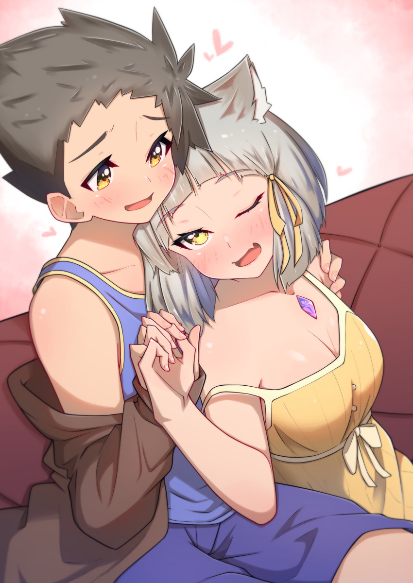 1boy, 1girl, absurdres, animal_ears, breasts, brown_hair, cat_ears, chest_jewel