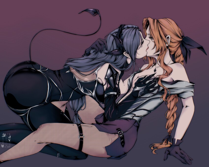 2girls, absurdres, aerith_gainsborough, aerith_gainsborough_(bahamut_robe), all_fours, ass, black_gloves, black_hair, braid, braided_ponytail, brown_hair, closed_eyes, commentary, final_fantasy, final_fantasy_vii, final_fantasy_vii:_ever_crisis, fishnet_pantyhose, fishnets, gloves, grabbing_another's_breast, groping, highres, kiss, leaning_back, long_hair, low-tied_long_hair, multiple_girls, official_alternate_costume, pantyhose, shanlieart, short_shorts, shorts, tail, tifa_lockhart, tifa_lockhart_(bahamut_suit), yuri