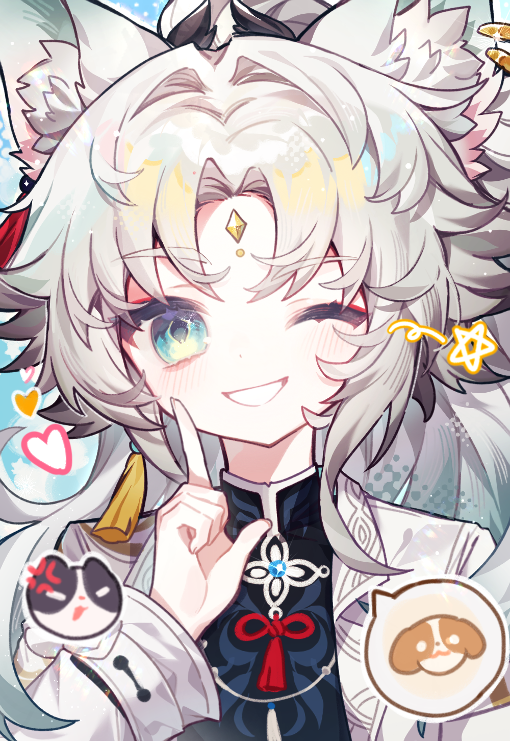 1girl, anger_vein, angry, animal_ear_fluff, animal_ear_piercing, animal_ears, aqua_eyes, chinese_clothes