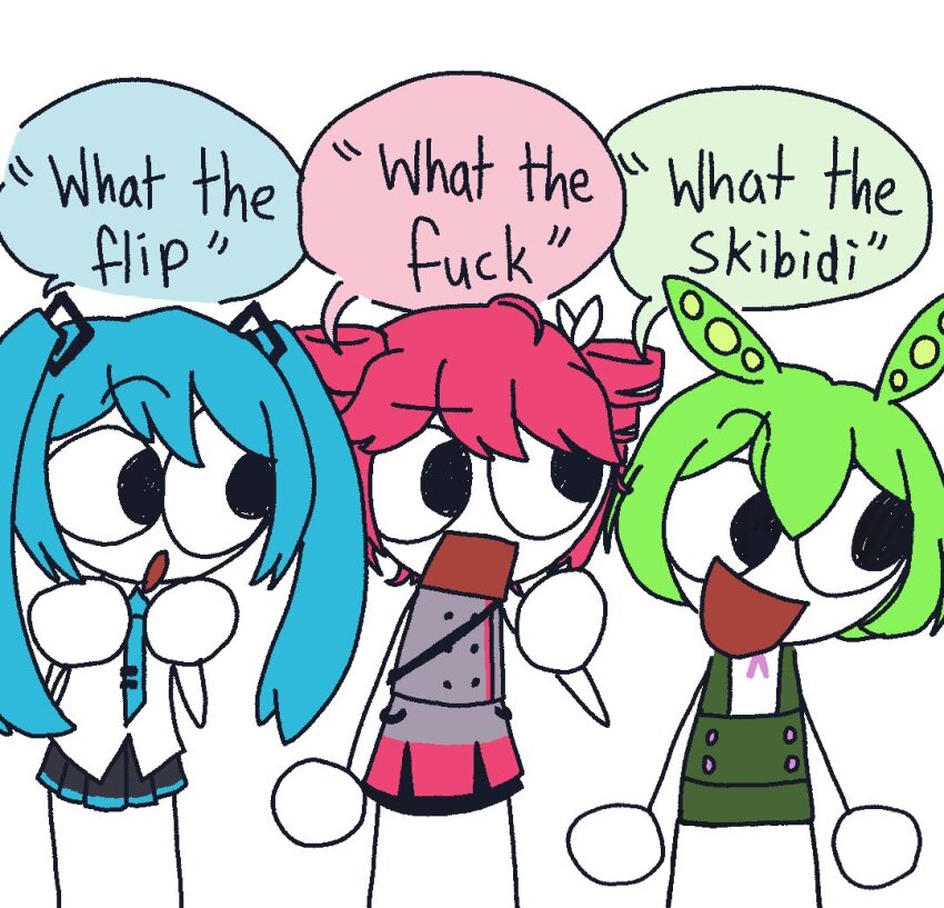 3girls, :d, ben_(potetopancakes), black_skirt, blue_hair, blue_necktie, collared_shirt, cowboy_shot, drill_hair, english_text, green_hair, green_shorts, grey_jacket, hatsune_miku, jacket, kasane_teto, long_hair, looking_afar, meme, multiple_girls, necktie, open_mouth, pea_pod, pink_hair, pink_skirt, pleated_skirt, profanity, shirt, short_hair, shorts, simple_background, skirt, sleeveless, sleeveless_shirt, smile, standing, suspenders, synthesizer_v, toon_(style), twin_drills, twintails, utau, vocaloid, voiceroid, voicevox, bxsql_wtf_trio_(meme), white_background, white_shirt, yababaina_(vocaloid), zoomer_slang, zundamon