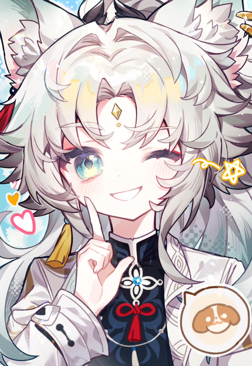 1girl, animal_ear_fluff, animal_ear_piercing, animal_ears, aqua_eyes, chinese_clothes, chinese_commentary, close-up