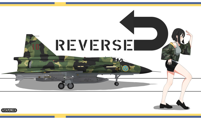 1girl, aircraft, airplane, artist_name, atamonica, black_footwear, black_hair, black_shorts