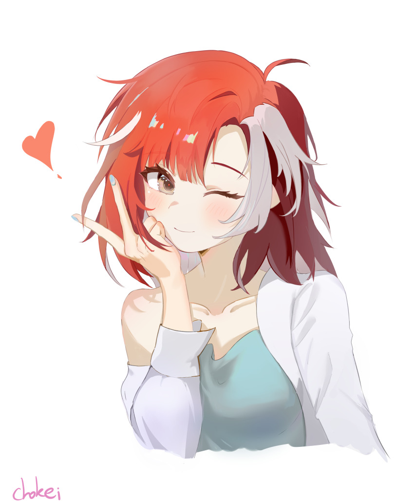 1girl, absurdres, eika_(strinova), chokei, closed_mouth, collarbone, cropped_torso, heart, highres, long_sleeves, looking_at_viewer, multicolored_hair, nail_polish, one_eye_closed, red_eyes, red_hair, short_hair, signature, simple_background, smile, solo, streaked_hair, strinova, two-tone_hair, upper_body, v, white_background