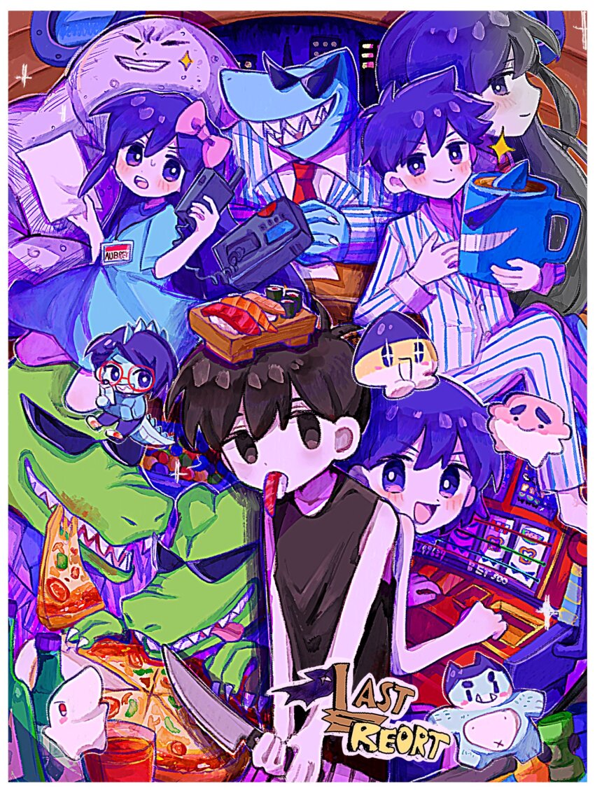3girls, 6+boys, aubrey_(headspace)_(omori), aubrey_(omori), barefoot, berly_(omori), black_eyes, black_hair, black_tank_top, blue_shirt, blush, bow, brows_(omori), closed_mouth, colored_skin, fish_(food), food, gator_guy_(omori), glasses, grin, hair_bow, happy_(omori), hero_(headspace)_(omori), hero_(omori), highres, holding, holding_knife, holding_paper, holding_phone, kel_(headspace)_(omori), kel_(omori), knife, lanyard, long_hair, long_sleeves, looking_at_viewer, mari_(faraway)_(omori), mari_(headspace)_(omori), mari_(omori), mr._jawsum, mugi062, multiple_boys, multiple_girls, name_tag, nose_(omori), omori, omori_(omori), open_mouth, own_hands_clasped, own_hands_together, pajamas, paper, parted_lips, phone, pink_bow, pizza, pluto_(omori), purple_eyes, purple_hair, red-framed_eyewear, round_eyewear, sashimi, sharp_teeth, shirt, short_hair, short_sleeves, slot_machine, smile, sparkle, sunglasses, tank_top, teeth, tongue, tongue_out, upper_teeth_only, van_(omori), white_skin