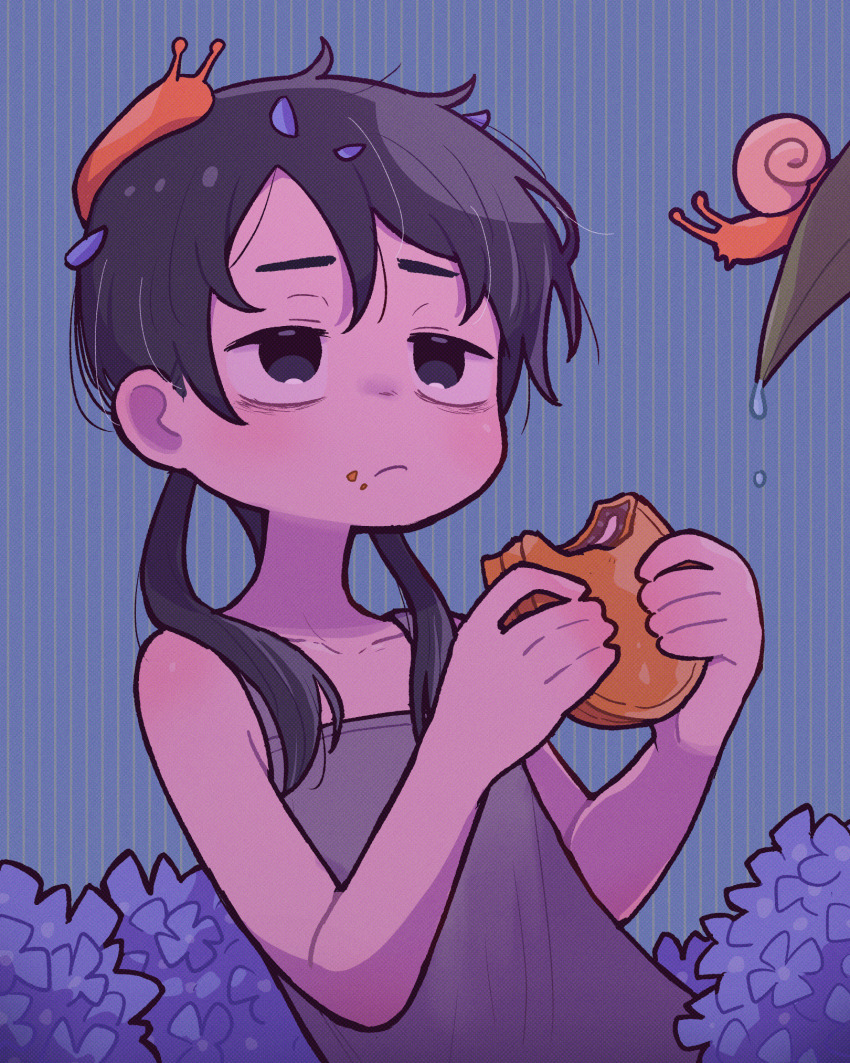 1girl, animal, animal_on_head, bags_under_eyes, bare_arms, bare_shoulders, blue_background, blue_eyes, blue_flower, blue_hair, blue_petals, closed_mouth, collarbone, commentary_request, eating, flower, food, food_on_face, green_background, grey_tank_top, highres, holding, holding_food, leaf, low_twintails, medium_hair, messy_hair, monaka_(food), on_head, original, petal_on_head, petals, slug, snail, solo, striped_background, takurada, tank_top, twintails, two-tone_background, upper_body, water_drop