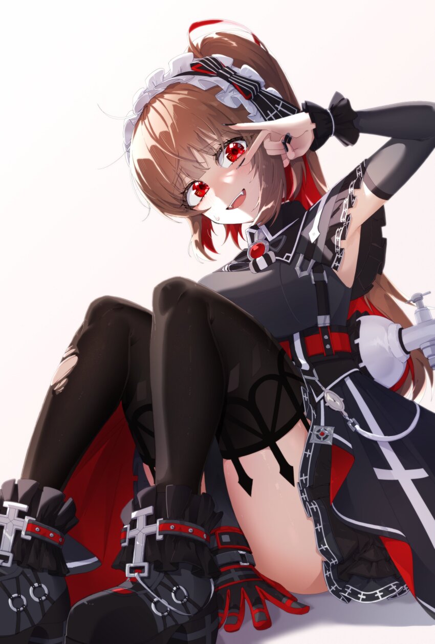 1girl, absurdres, arm_up, armpits, belt, between_legs, black_dress, black_nails