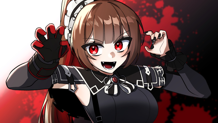 1girl, armpits, arms_up, black_dress, black_nails, black_survival, bow, bowtie