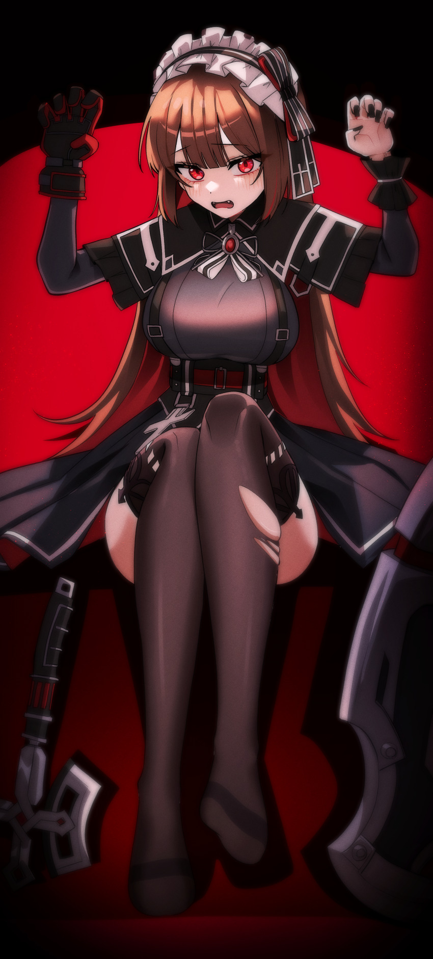 1girl, absurdres, arms_up, black_dress, black_nails, black_survival, bow, bowtie