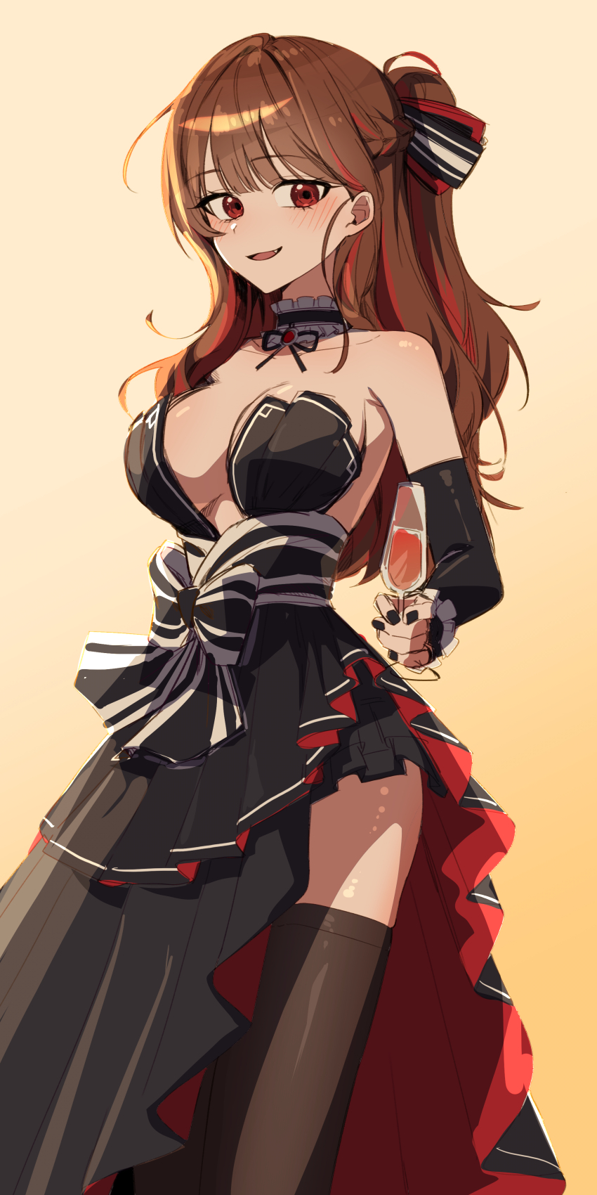 1girl, absurdres, adapted_costume, alternate_hairstyle, bare_shoulders, black_bow, black_choker, black_dress