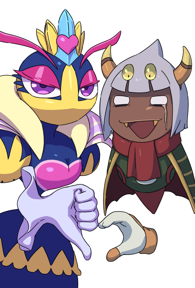 1boy, 1girl, antennae, cape, caramelpopcoms2, eyeshadow, fangs, gloves, green_cape, grey_hair, heart_hands_failure, kirby:_triple_deluxe, kirby_(series), looking_at_viewer, makeup, nintendo, open_mouth, pink_eyeshadow, purple_eyes, queen_sectonia, rayman_limbs, red_scarf, scarf, simple_background, taranza, tears, thumbs_down, white_background, white_eyes, white_gloves