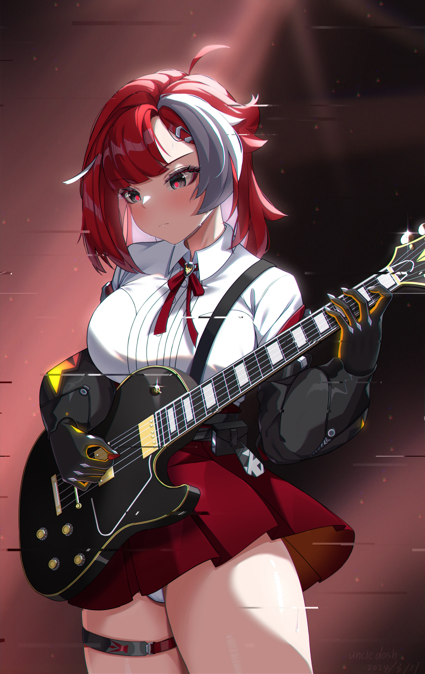 1girl, absurdres, black_gloves, blush, breasts, eika_(strinova), electric_guitar, gloves