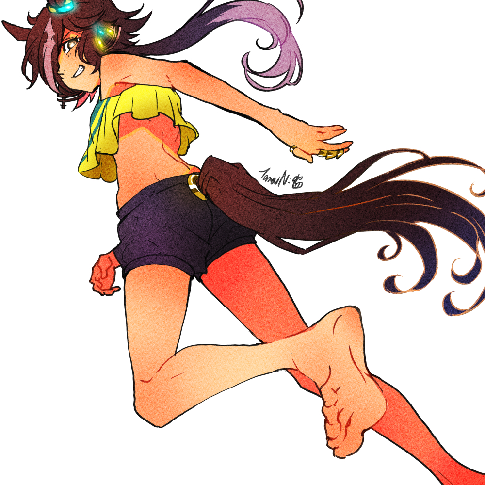 1girl, animal_ears, artist_logo, bare_arms, barefoot, black_shorts, brown_hair, crop_top