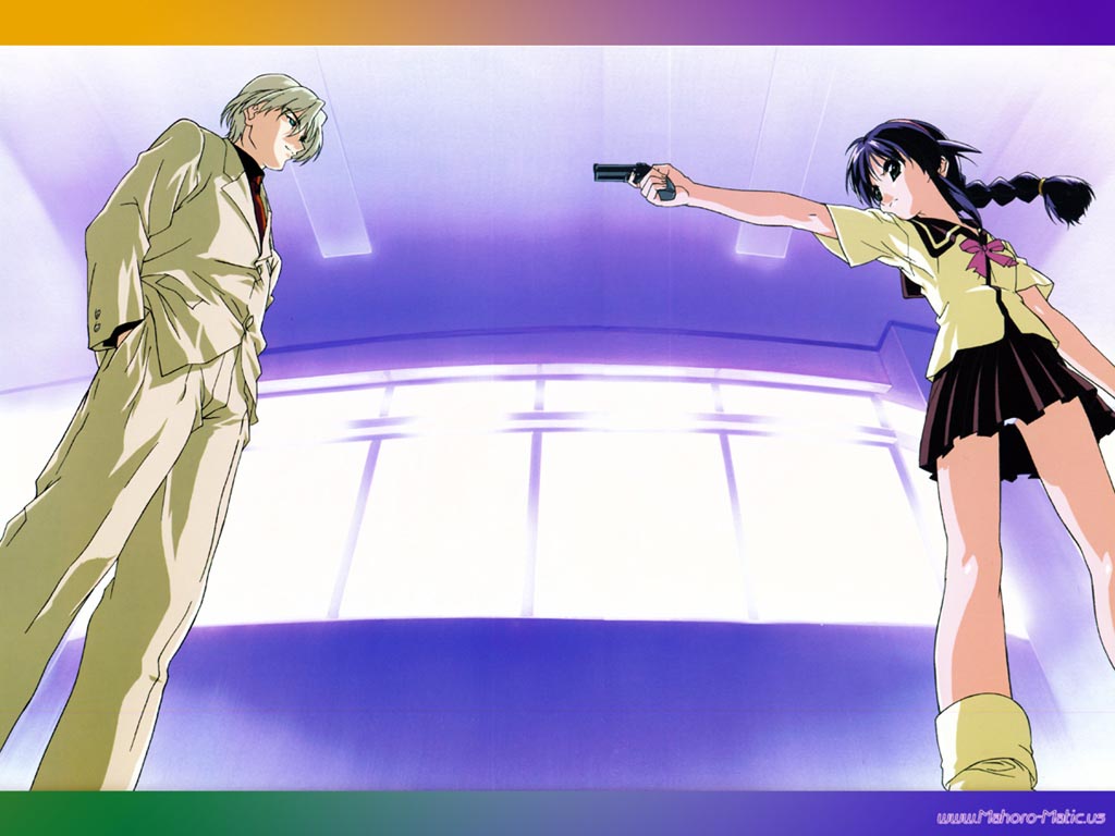 1boy, 1girl, aiming, andou_mahoro, android, blue_hair, braid, ceiling, ceiling_light, formal_clothes, from_below, green_eyes, gun, handgun, hands_in_pockets, indoors, long_hair, mahoromatic, panties, pantyshot, pleated_skirt, ryuuga_tou, school_uniform, serafuku, shirt, short_hair, short_sleeves, single_braid, skirt, socks, standing, teacher, underwear, watermark, weapon, web_address, white_hair, white_panties, window, yellow_legwear, yellow_shirt