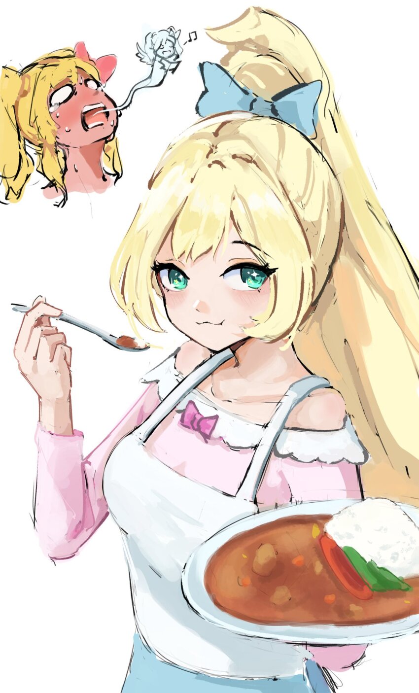 2girls, aikatsu!_(series), aikatsu_stars!, apron, aqua_eyes, blonde_hair, bow, breasts