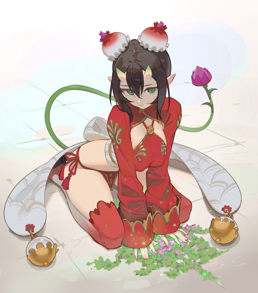 1girl, bow, breasts, brown_hair, bun_cover, closed_mouth, commentary, fingernails