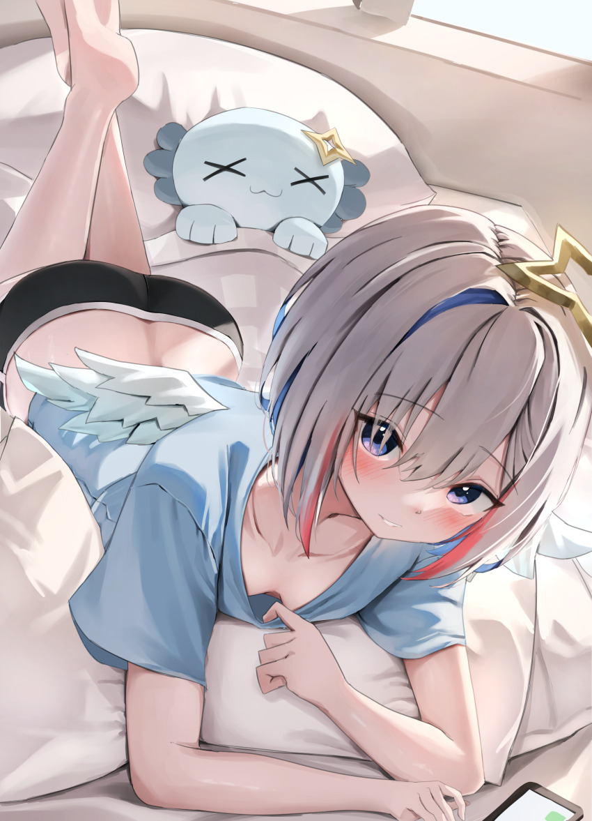 1girl, absurdres, amane_kanata, angel, angel_wings, barefoot, bed, bed_sheet, blush, bob_cut, breasts, cellphone, colored_inner_hair, commentary, feathered_wings, grey_hair, hair_ornament, halo, highres, hololive, looking_at_viewer, lying, multicolored_hair, on_bed, on_stomach, open_clothes, open_shirt, opened_by_self, phone, pillow, purple_eyes, red_hair, scarlet_(wv0102), short_hair, single_hair_intake, small_breasts, smartphone, soles, solo, star_halo, streaked_hair, untranslatable_commentary, the_pose, upao_(amane_kanata), virtual_youtuber, wings
