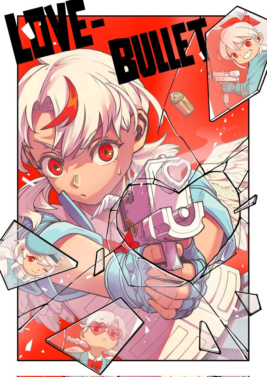 4girls, aiming, aiming_at_viewer, blue_gloves, border, bow, bowtie, braid, broken_glass, chiyo_(love-bullet), commentary_request, copyright_name, corrupted_twitter_file, ena_(love-bullet), fingerless_gloves, glass, glass_shards, glock, gloves, gun, handgun, heart, heart-shaped_eyewear, highres, holding, holding_gun, holding_weapon, kanna_(love-bullet), koharu_(love-bullet), koki_ant, love-bullet, mac-10/11, multiple_girls, one_eye_closed, ponytail, red_background, red_bow, red_bowtie, red_eyes, smile, submachine_gun, sunglasses, twin_braids, twintails, weapon, white_border, white_hair