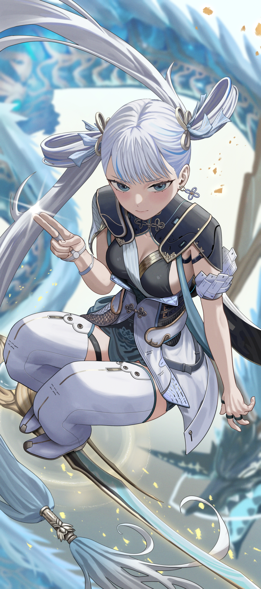 1girl, absurdly_long_hair, absurdres, blue_eyes, blush, boots, breasts, closed_mouth