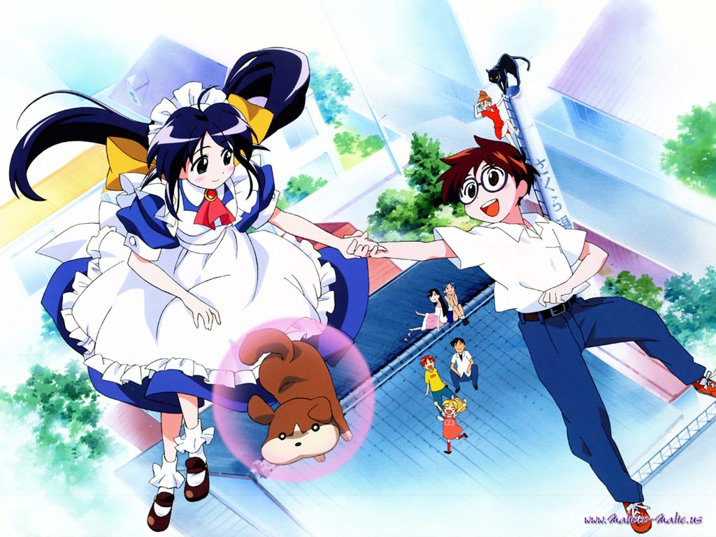 andou_mahoro, blue_hair, brown_hair, glasses, green_eyes, hamaguchi_toshiya, kawahara_kiyomi, mahoromatic