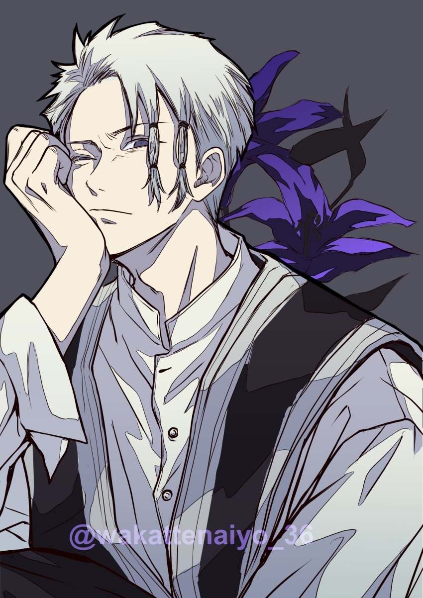1boy, flower, grey_background, grey_eyes, half-closed_eye, hand_up, head_rest, highres, kagurabachi, male_focus, medium_hair, pale_skin, sazanami_soya, shirt, solo, wakattenaiyo_36, white_hair, white_shirt