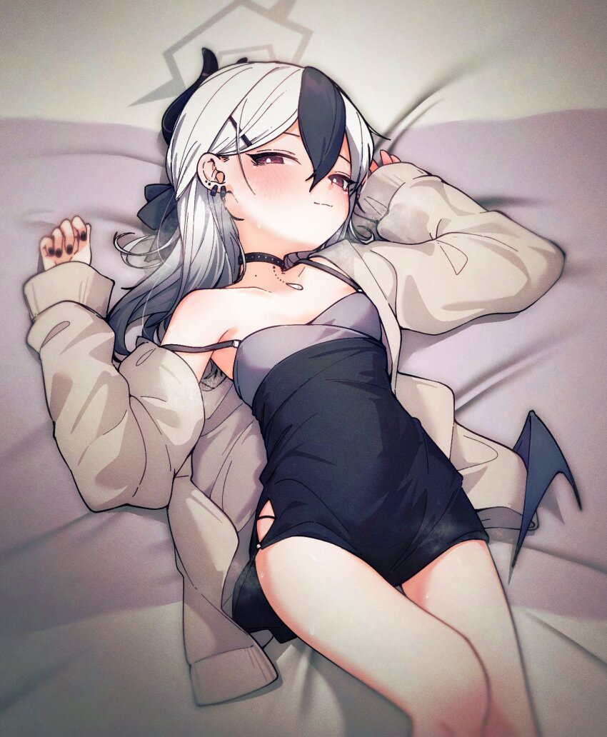 1girl, black_choker, black_hair, black_horns, black_nails, blue_archive, blush, breasts