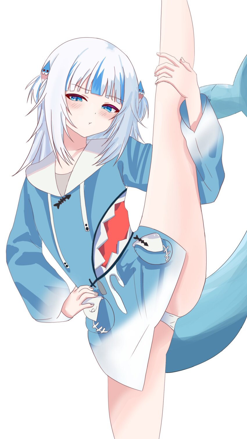 1girl, absurdres, animal_costume, bare_legs, blue_eyes, blue_hair, blue_hoodie, blush