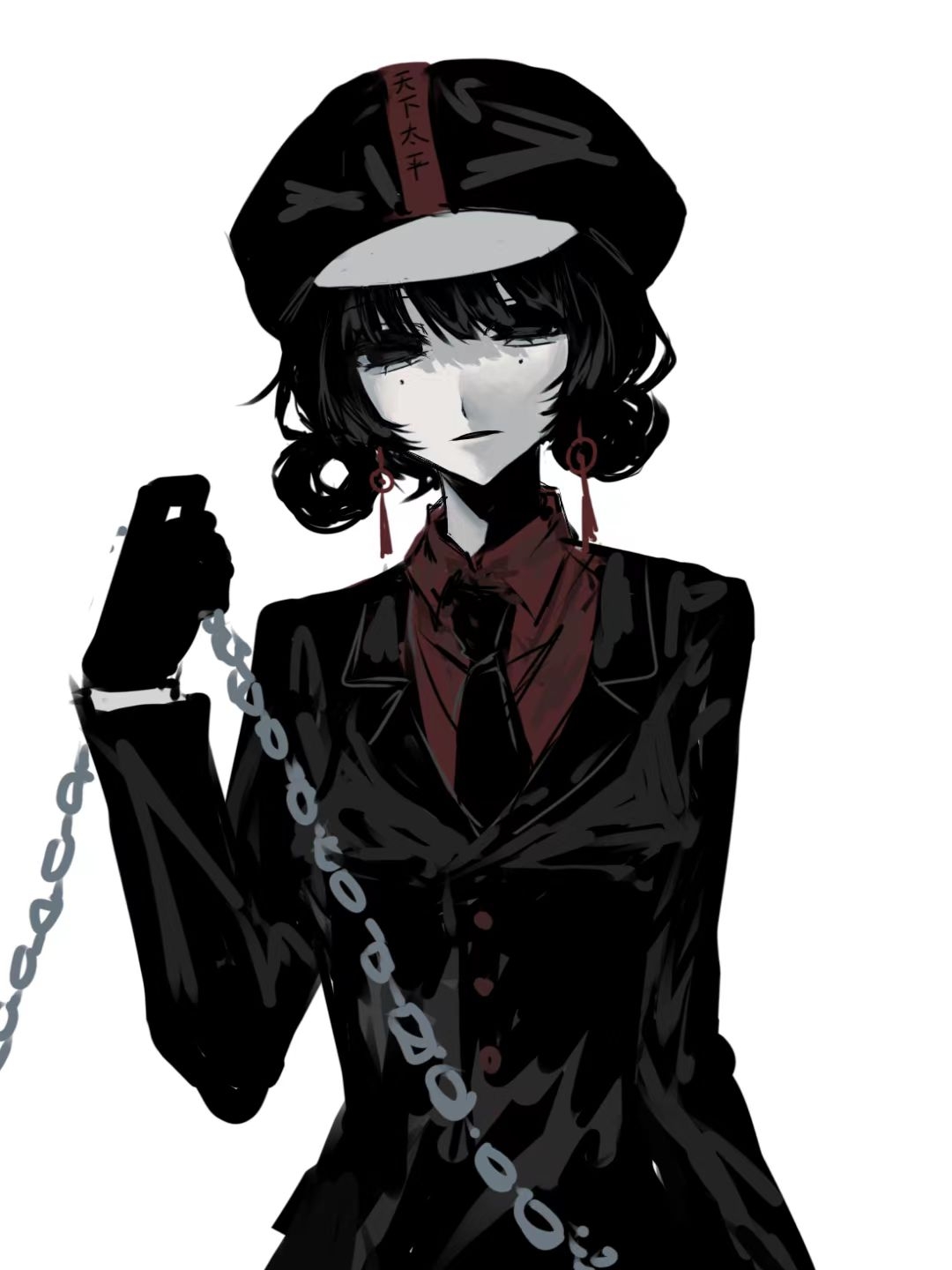 1girl, black_eyes, black_gloves, black_hair, black_hat, black_jacket, black_necktie, chain
