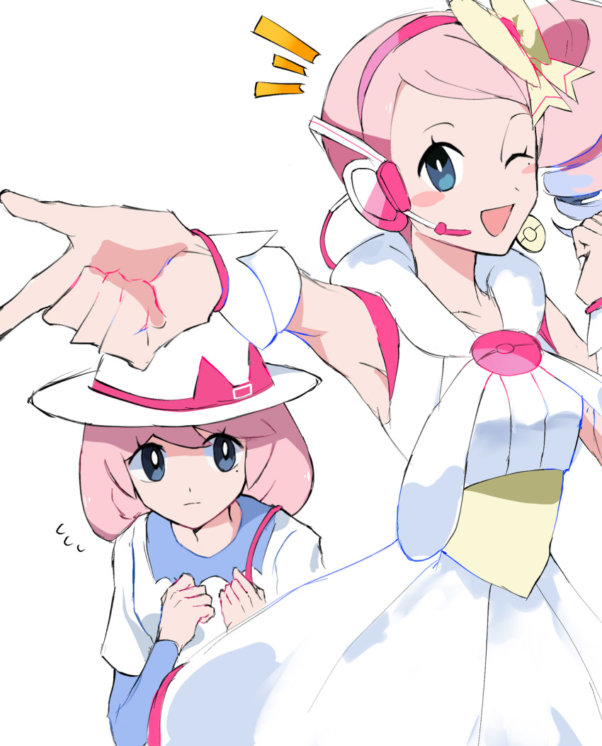 2girls, bag, bare_shoulders, blue_eyes, dual_persona, hairband, hat, highres