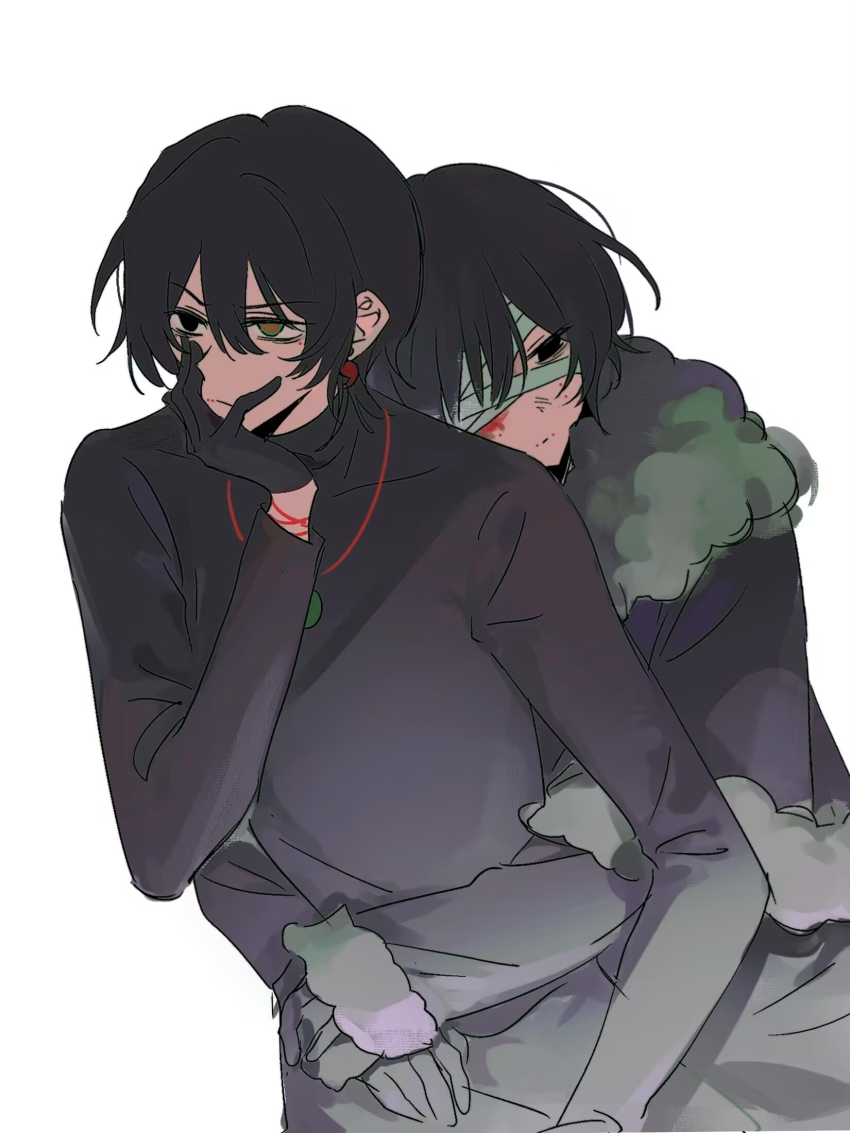2boys, bandage_over_one_eye, black_capelet, black_eyes, black_gloves, black_hair, black_shirt, brothers, capelet, closed_mouth, fur-trimmed_capelet, fur-trimmed_sleeves, fur_trim, gloves, green_eyes, hair_between_eyes, hand_on_own_face, heterochromia, highres, hug, hug_from_behind, long_sleeves, male_focus, multiple_boys, naihe_(male)_(touqi_guaitan), poi_(krishnaflower02415), shirt, short_hair, siblings, simple_background, touqi_guaitan, white_background, wu_song_(male)_(touqi_guaitan)