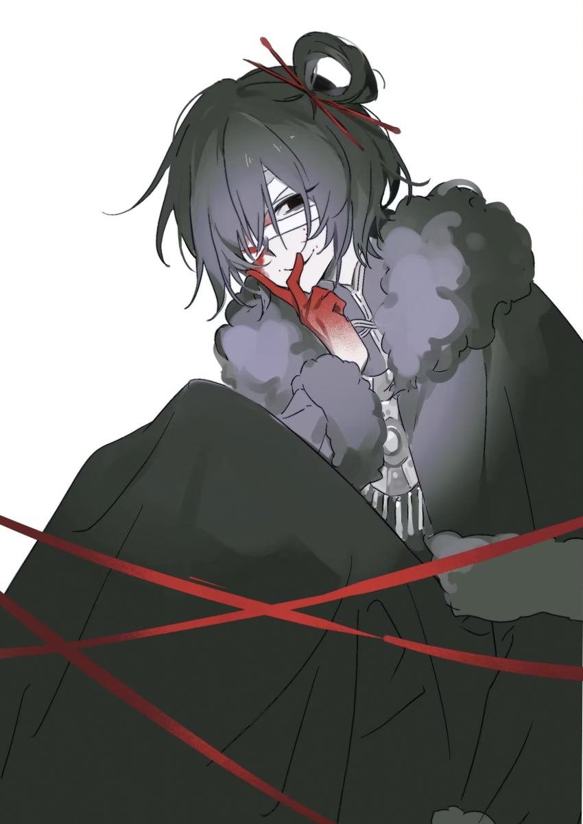 1girl, absurdres, black_capelet, black_dress, black_eyes, black_hair, capelet, closed_mouth, colored_extremities, dress, fur-trimmed_sleeves, fur_trim, hair_ornament, hair_rings, hair_stick, highres, lace-trimmed_capelet, lace_trim, long_sleeves, poi_(krishnaflower02415), short_hair, simple_background, single_hair_ring, sitting, smile, solo, touqi_guaitan, white_background, wu_song_(female)_(touqi_guaitan)