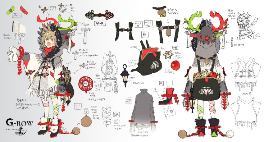 1girl, backpack, bag, blonde_hair, reference_sheet, fang, from_behind, full_body