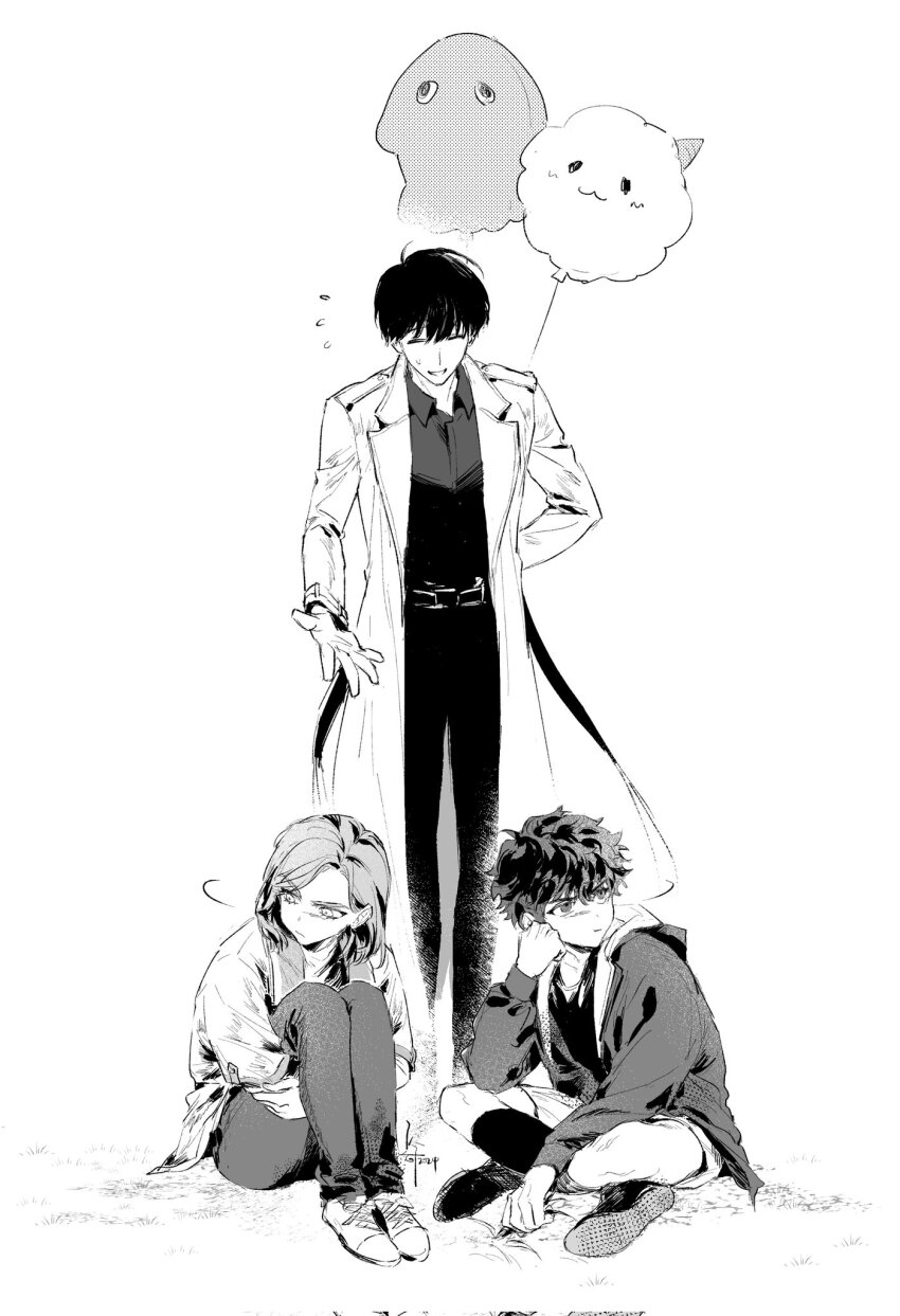 1girl, 2boys, arm_up, arms_behind_back, balloon, belt, blunt_bangs, clenched_hand