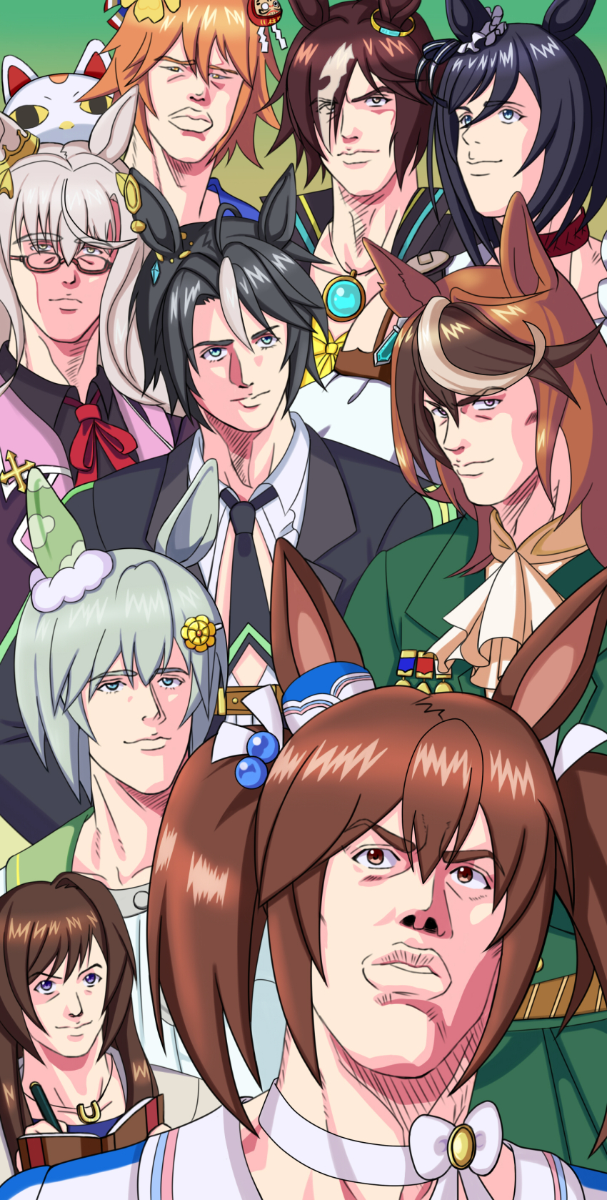 6+girls, absurdres, animal_ears, ascot, biwa_hayahide_(umamusume), black_hair, black_jacket, black_necktie, blue_eyes, brown-framed_eyewear, brown_hair, closed_mouth, commentary_request, ear_covers, eishin_flash_(meisterschaft)_(umamusume), eishin_flash_(umamusume), eyes_visible_through_hair, female_trainer_(umamusume), fuji_kiseki_(shooting_star_revue)_(umamusume), fuji_kiseki_(umamusume), glasses, green_eyes, green_hair, green_jacket, hair_between_eyes, hair_bobbles, hair_ornament, highres, hishi_akebono_(buono_alla_moda)_(umamusume), hishi_akebono_(umamusume), horse_ears, horse_girl, horseshoe_necklace, inoue_takehiko_(style), jacket, kabosu_(gachabakushikai), lips, long_bangs, long_hair, looking_at_viewer, matikanefukukitaru_(umamusume), multicolored_hair, multiple_girls, necktie, orange_hair, seiun_sky_(umamusume), short_hair, single_ear_cover, slam_dunk_(series), smile, streaked_hair, symboli_rudolf_(umamusume), trainer_(umamusume), twintails, umamusume, upper_body, vodka_(umamusume), white_ascot, white_hair