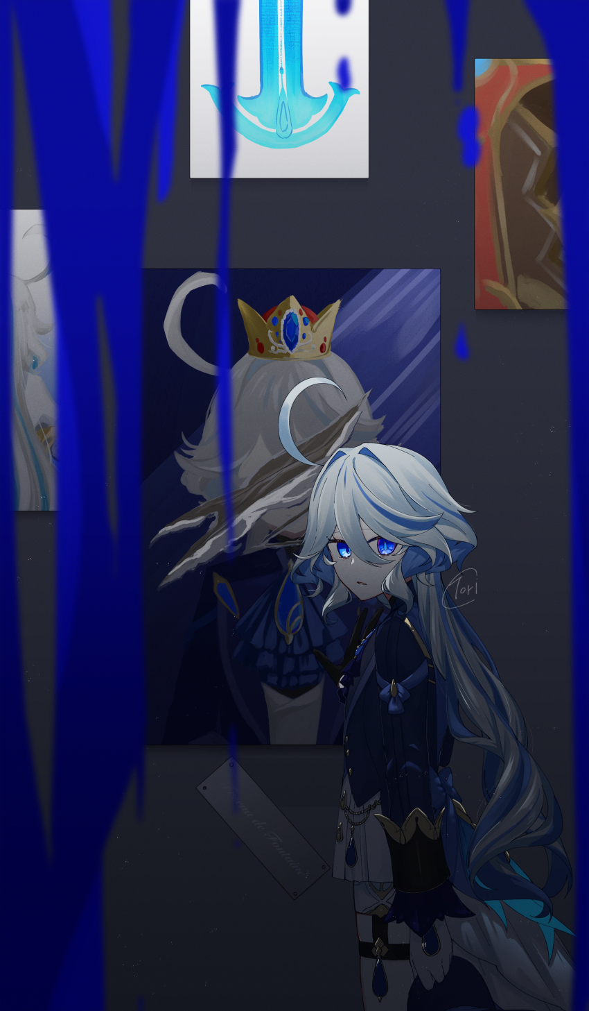 1girl, absurdres, ahoge, black_background, black_gloves, blood, blue_blood, blue_eyes, blue_hair, blue_jacket, colored_inner_hair, commentary, cowboy_shot, crown, dripping, focalors_(genshin_impact), furina_(genshin_impact), genshin_impact, gloves, gradient_background, hat, heterochromia, highres, holding, holding_unworn_clothes, holding_unworn_hat, jacket, long_hair, long_sleeves, looking_at_viewer, multicolored_hair, owl_5151, painting_(object), shorts, signature, solo, streaked_hair, thigh_strap, throne, torn_painting, unworn_hat, unworn_headwear, white_hair, white_shorts