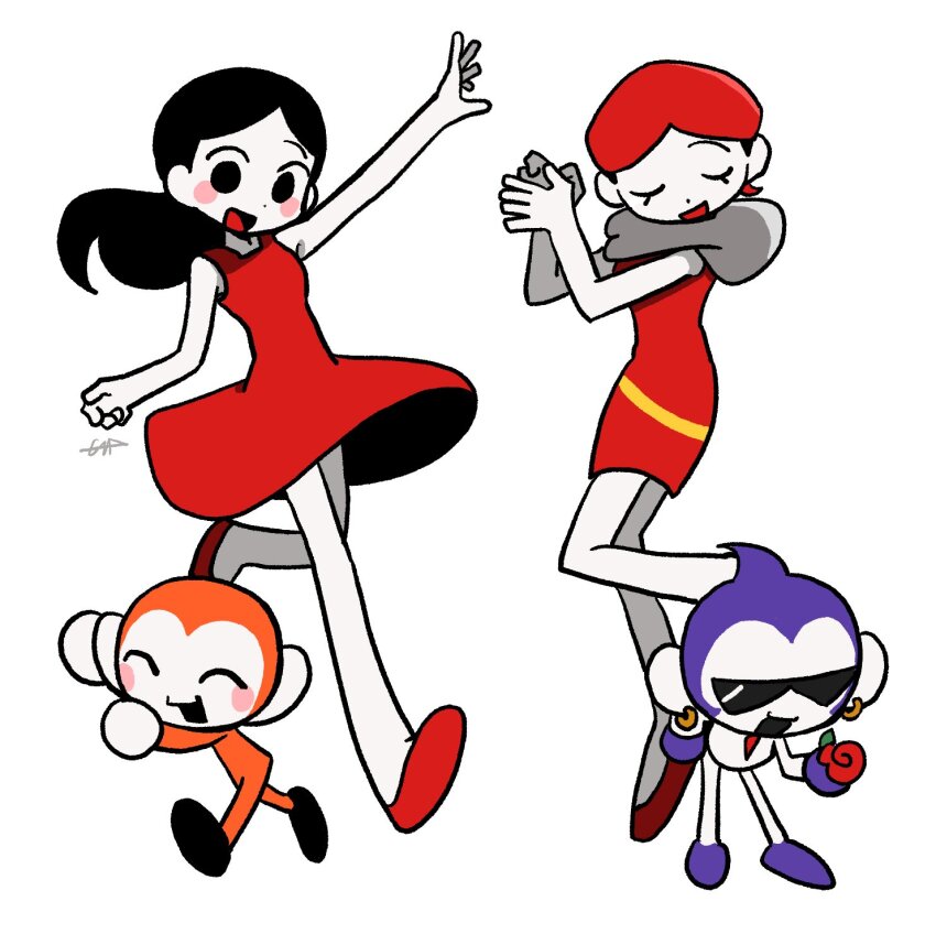 2girls, :d, animal, black_hair, blush, closed_eyes, commentary, dress, earrings, flower, hand_up, highres, holding, holding_flower, jangbar_rhythm, jewelry, long_hair, monkey_(rhythm_tengoku), multiple_girls, multiple_others, official_alternate_costume, official_alternate_hairstyle, open_mouth, own_hands_together, ponytail, red_dress, red_flower, red_footwear, red_hair, red_rose, rhythm_tengoku, rose, short_hair, simple_background, sleeveless, smile, sunglasses, untranslatable_commentary, white_background, yuka_(rhythm_tengoku)